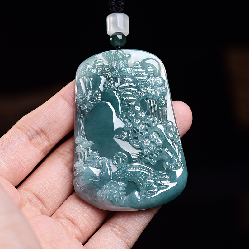 Women Fashion Necklace - Natural Burmese Jadeite Scenery Pendant Necklace