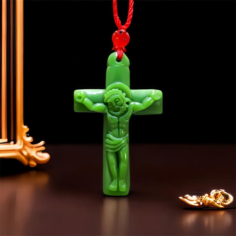 Women Fashion Necklace - Green Real Jade Cross Pendant Necklace