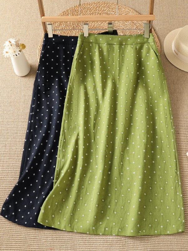 A-Line Skirt Midi - High Waist Floral Half Skirt Thin