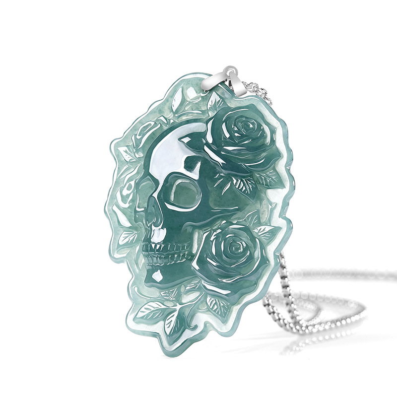 Women Fashion Necklace - Natural Burmese Jadeite Skull Pendant Necklace