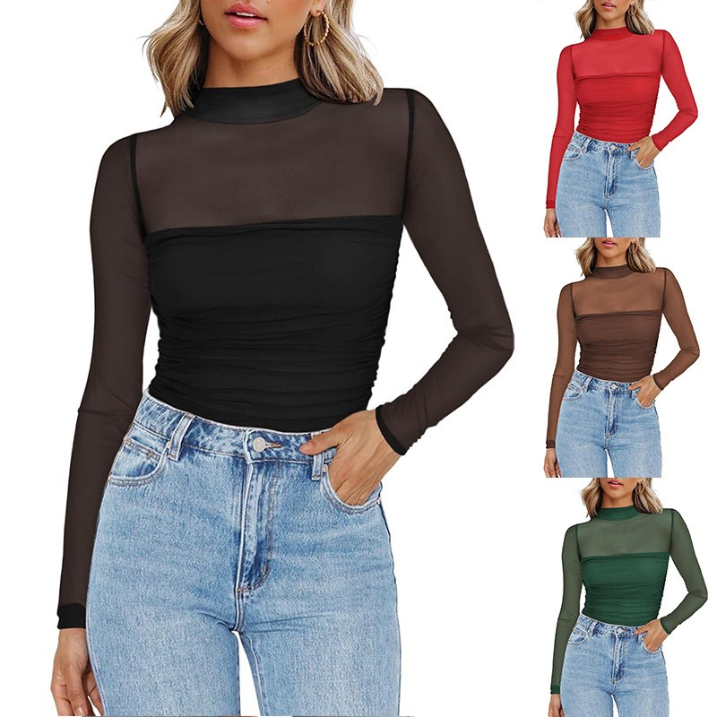 Women's Solid Color Sheer Mesh - đánh giá và giá Women Fashion Blouse