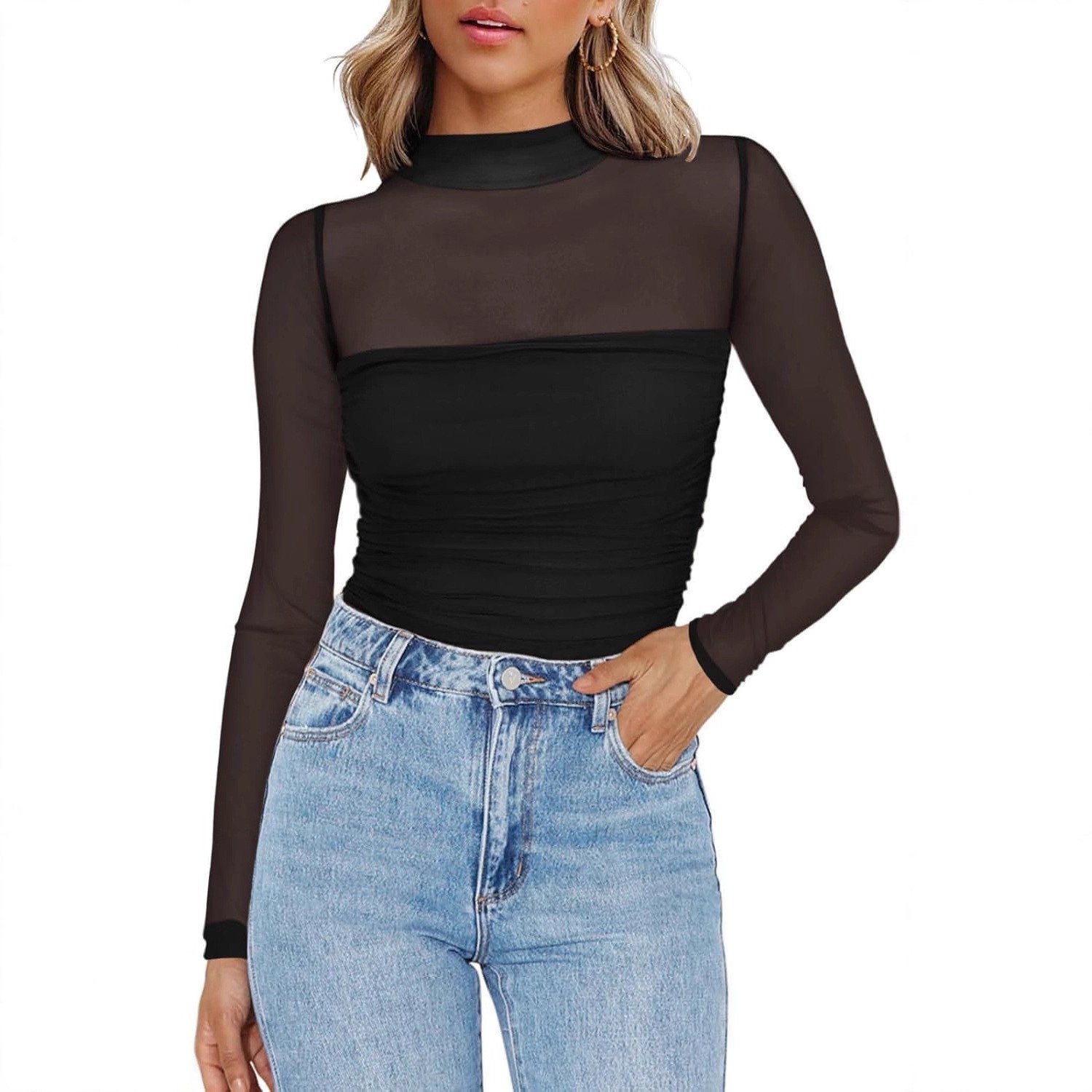 Women's Solid Color Sheer Mesh - đánh giá và giá Women Fashion Blouse