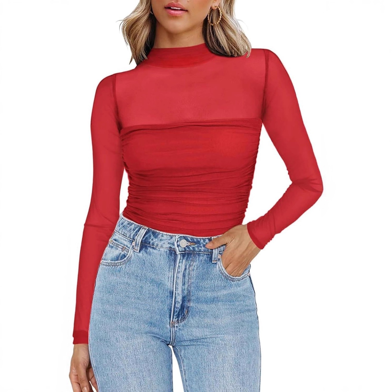 Women's Solid Color Sheer Mesh - đánh giá và giá Women Fashion Blouse