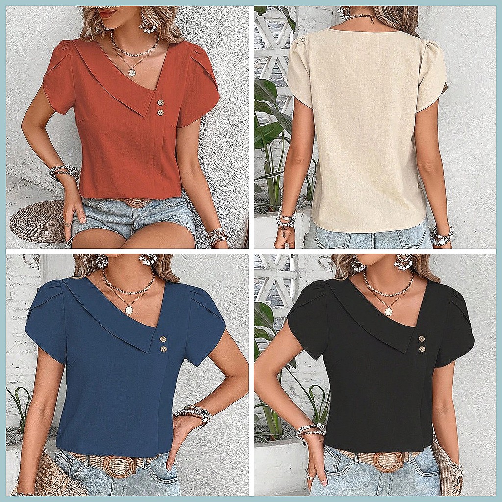 2024 Summer Vintage Solid Colo - đánh giá và giá Women Fashion Blouse